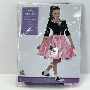 Miss Sock Hop Costume Girls XL 14-16 Pink Black Poodle Skirt Dress Lace Scarf